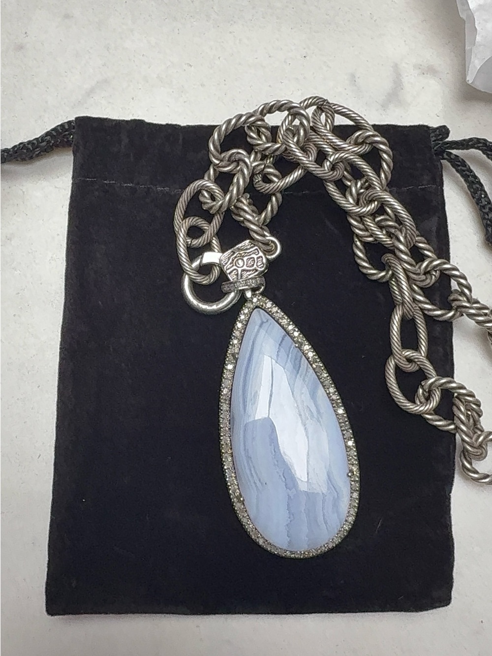 Beautiful Lace Agate Blue Teardrop Pave Diamond Pendant Necklace
